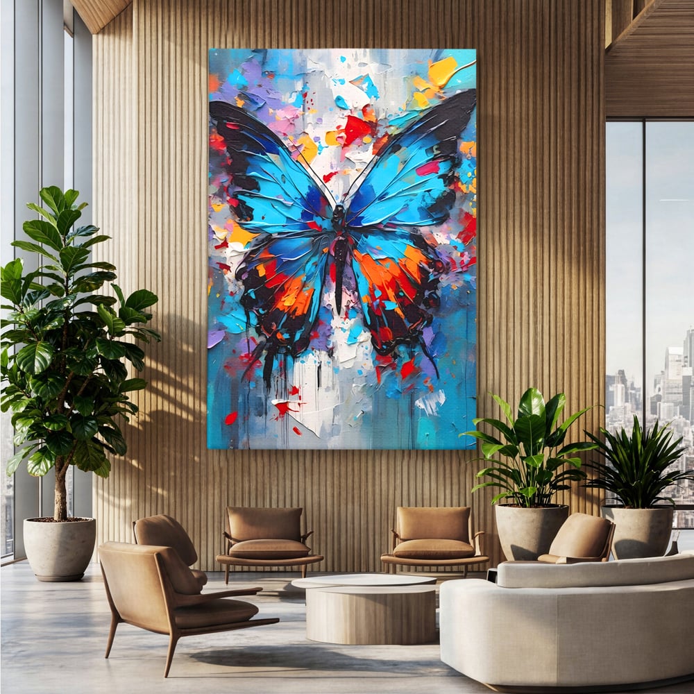 Tablou canvas cu pictura cu fluture albastru, fara rama, pe sasiu de lemn, pe perete intr-un birou